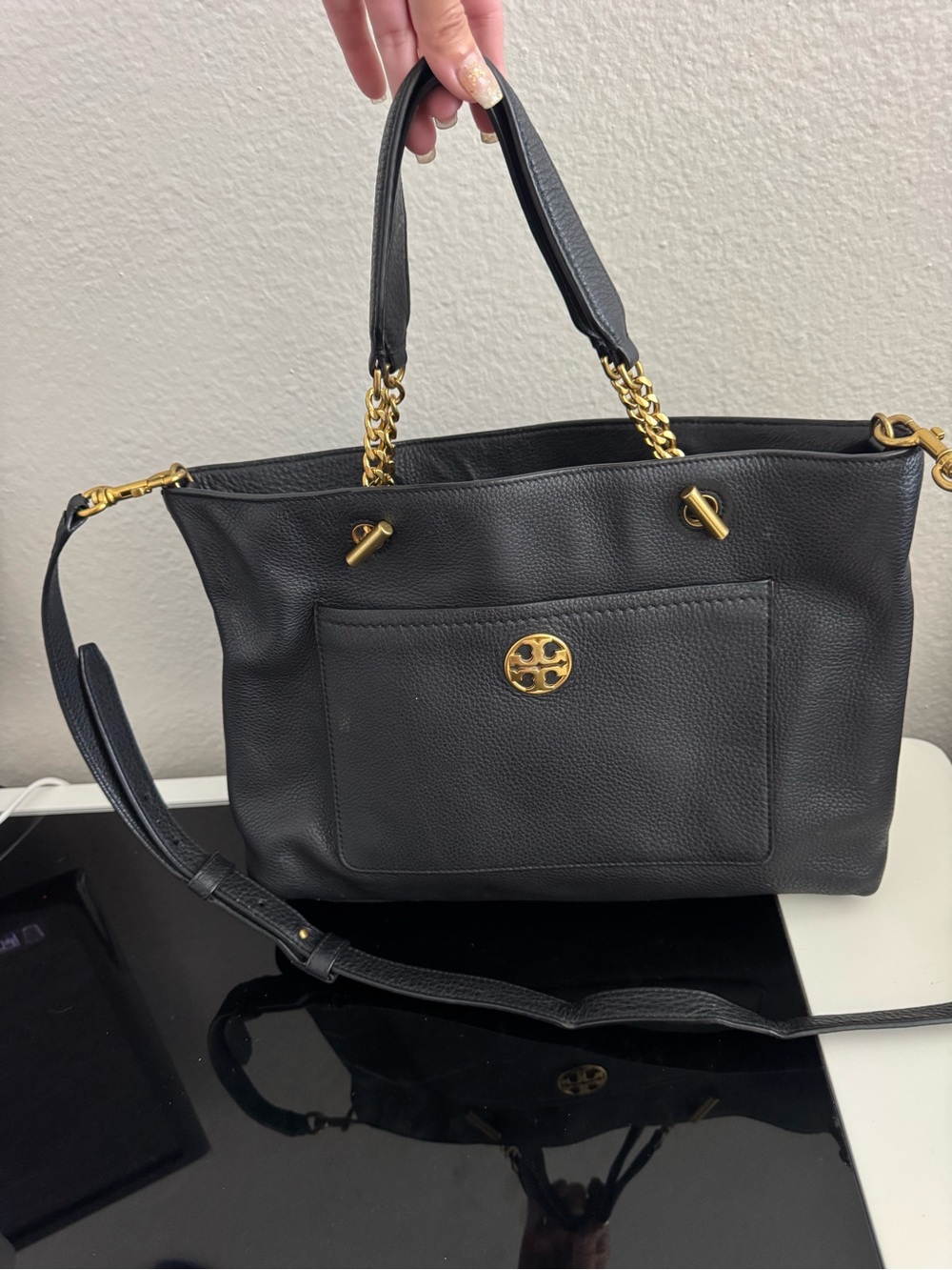 Tory Burch Black Leather Shoulder Tote with Gold Hardware